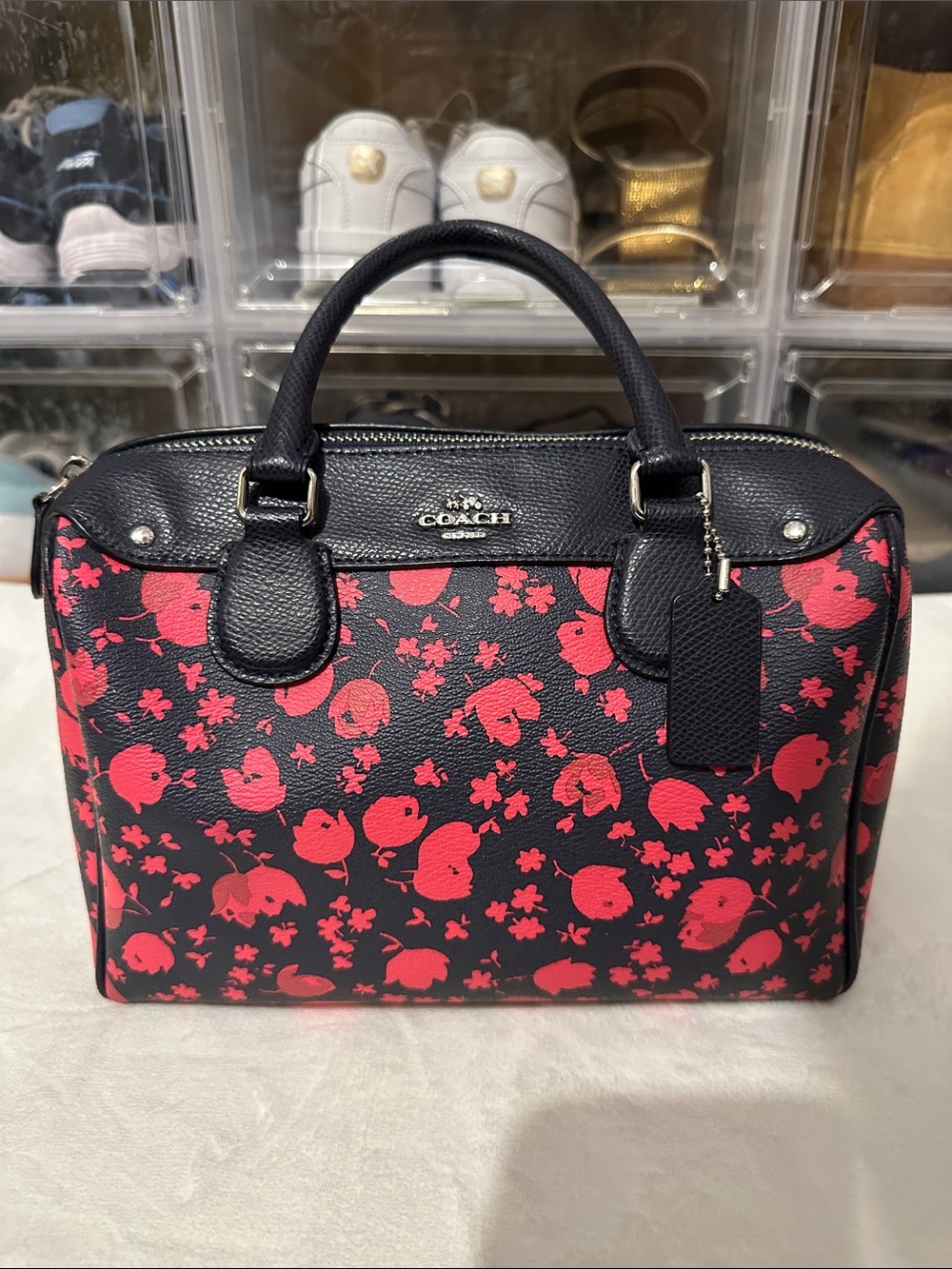 COACH Black with Red Floral Satchel